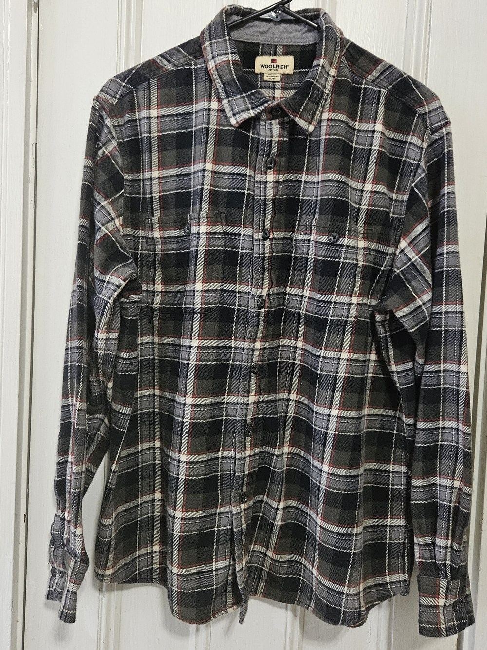 Woolrich Men’s XL Plaid Button-Up Shirt Olive Black Red Cotton Long Sleeve